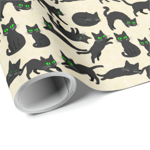 Black Cats Green Eyes Cute Kittens Warm Cream Wrapping Paper