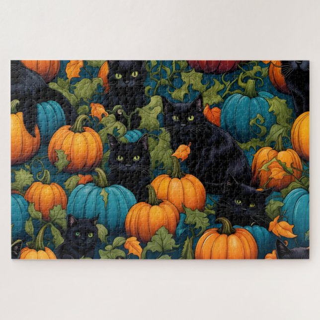 Black cats in a pumpkin patch - Halloween Jigsaw Puzzle (Horizontal)