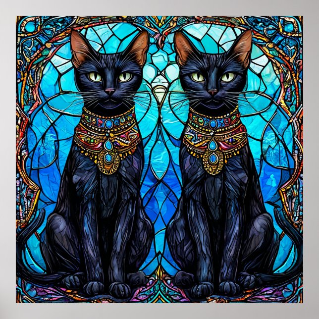 Black Cats in Artistic Stained Glass Design Poster (Front)