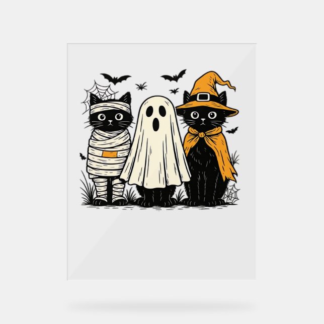 Black Cats in Halloween Costumes – Ghost, Witch, a Acrylic Sign (Front)