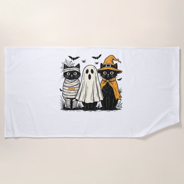 Black Cats in Halloween Costumes – Ghost, Witch, a Beach Towel (Front)