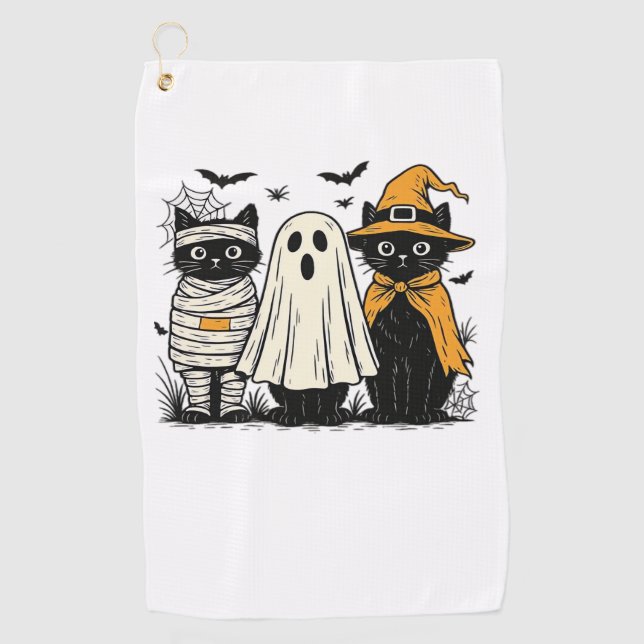 Black Cats in Halloween Costumes – Ghost, Witch, a Golf Towel (Front)