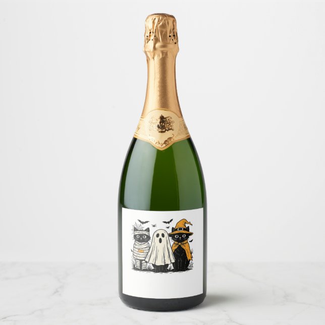 Black Cats in Halloween Costumes – Ghost, Witch, a Sparkling Wine Label (Front)