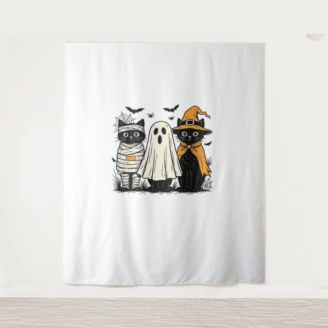 Black Cats in Halloween Costumes – Ghost, Witch, a Tapestry (Front)