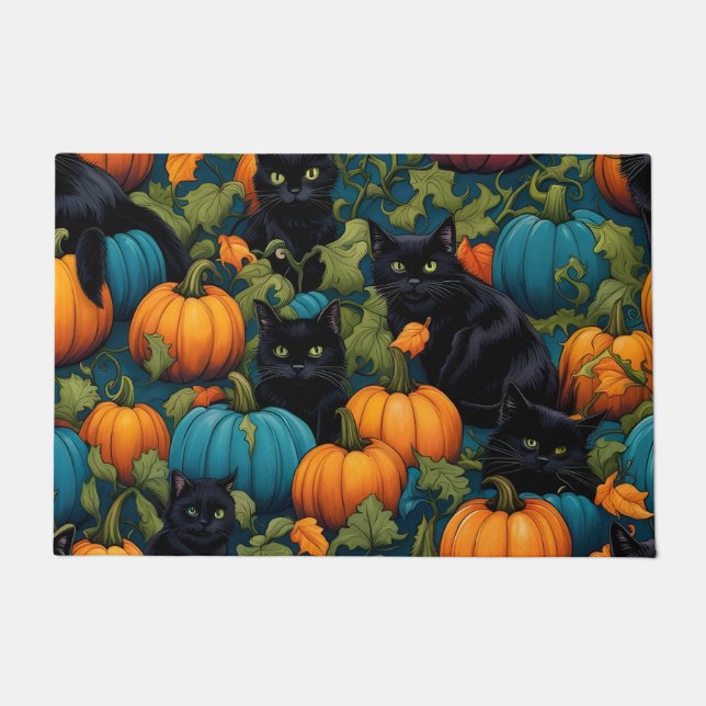 Black cats in pumpkin patch, Halloween  Doormat (Front)