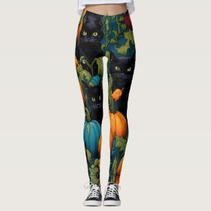 Black cats in pumpkin patch, Halloween Leggings
