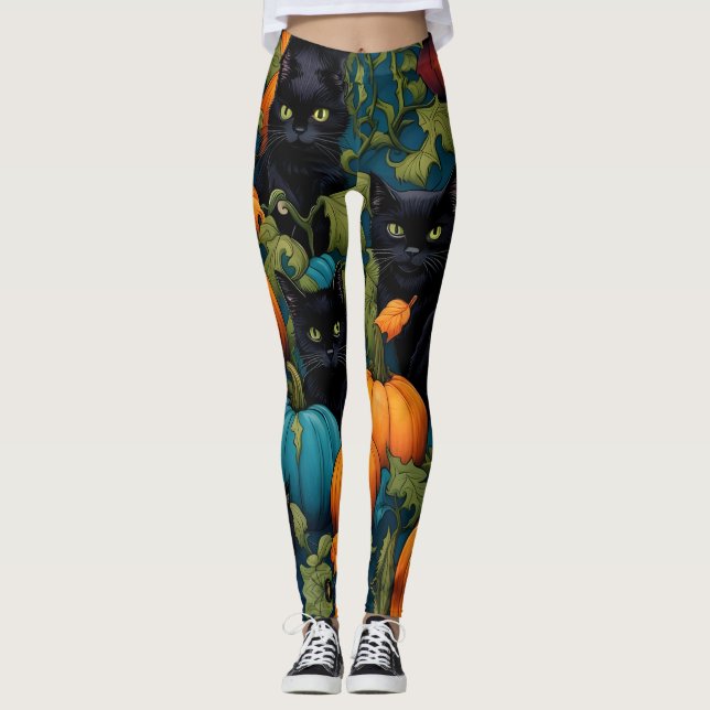 Black cats in pumpkin patch, Halloween  Leggings (Front)