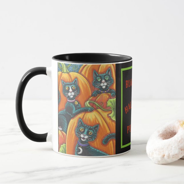 BLACK CATS IN PUMPKIN PATCH HALLOWEEN MUG (With Donut)