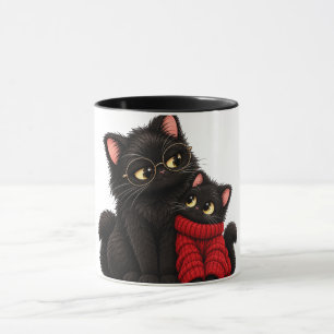 Black Cats in Red Sweater Mug - Cute Mum and Daugh