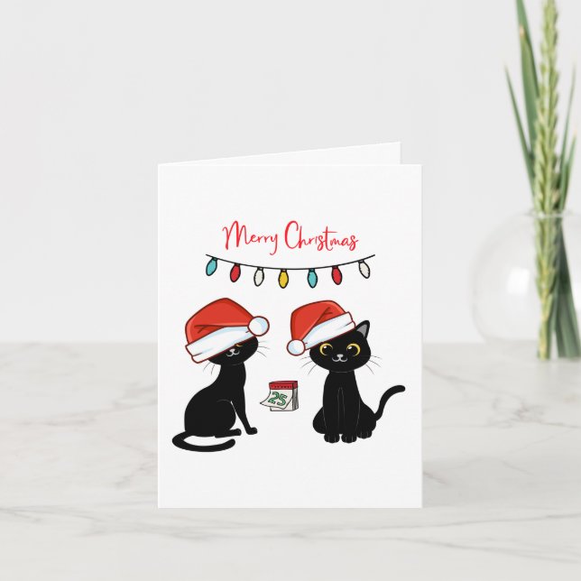 Black Cats in Santa Hats Merry Christmas Card (Front)