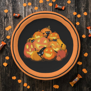 Black Cats in the Pumpkin Patch Cute Halloween Paper Plate