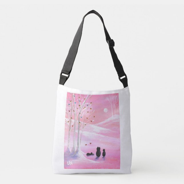 Black Cats in Winter Colourful Birds Crossbody Bag (Front)