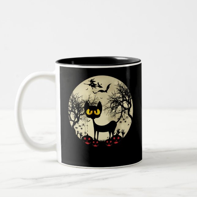 Black Cats Moon Pumpkin Funny Halloween Horror Two-Tone Coffee Mug (Left)