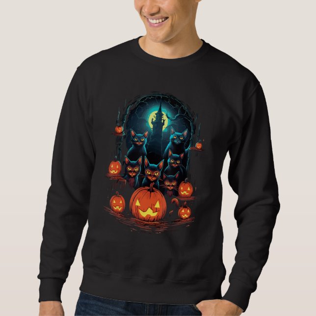 Black Cats Moon Pumpkin  Halloween Horror 1 Sweatshirt (Front)