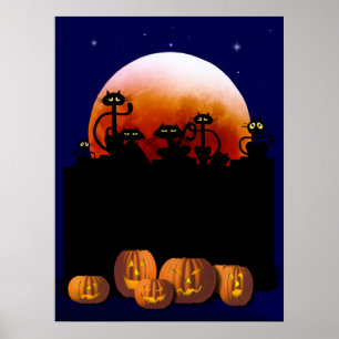 Black Cats, Moon, Pumpkins Poster