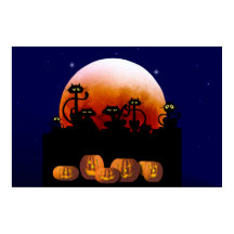 Black Cats, Moon, Pumpkins Poster