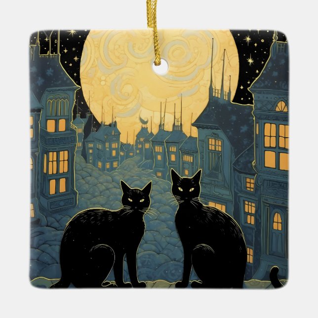 Black Cats on A Rooftop Ceramic Ornament (Front)