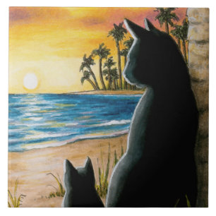 Black cats on beach Cat 597 Ceramic Tile