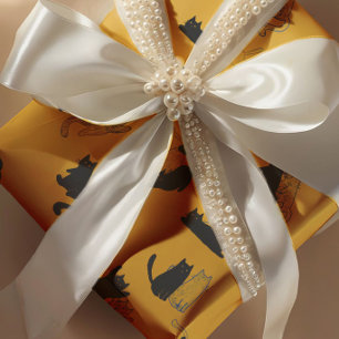 Black Cats on Mustard with Blue Outlines– Modern Wrapping Paper