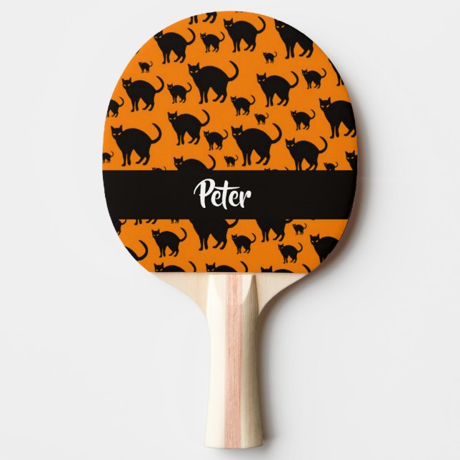 Black cats on orange ping pong paddle (Front)