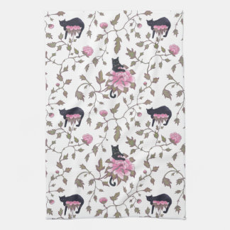 BLACK CATS ON PEONY FLOWERS - pink palette Tea Towel