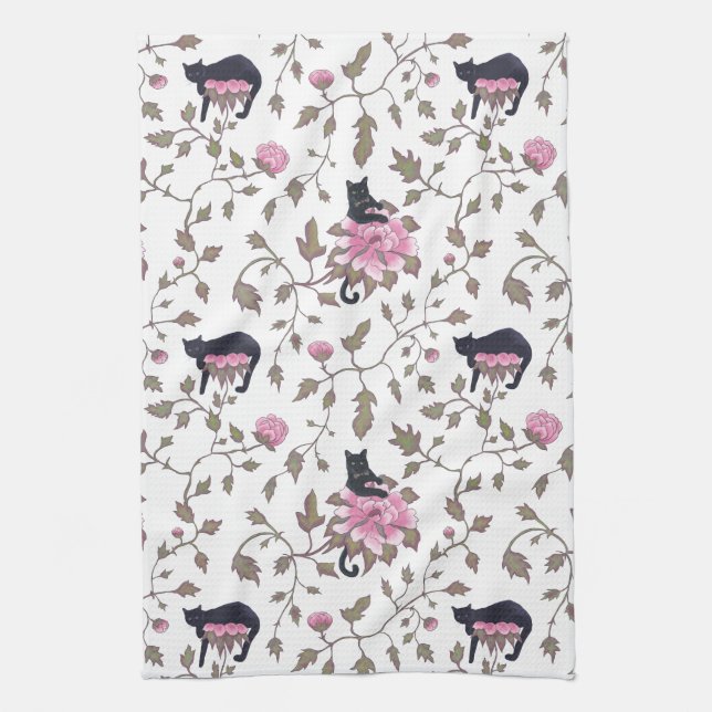 BLACK CATS ON PEONY FLOWERS - pink palette Tea Towel (Vertical)