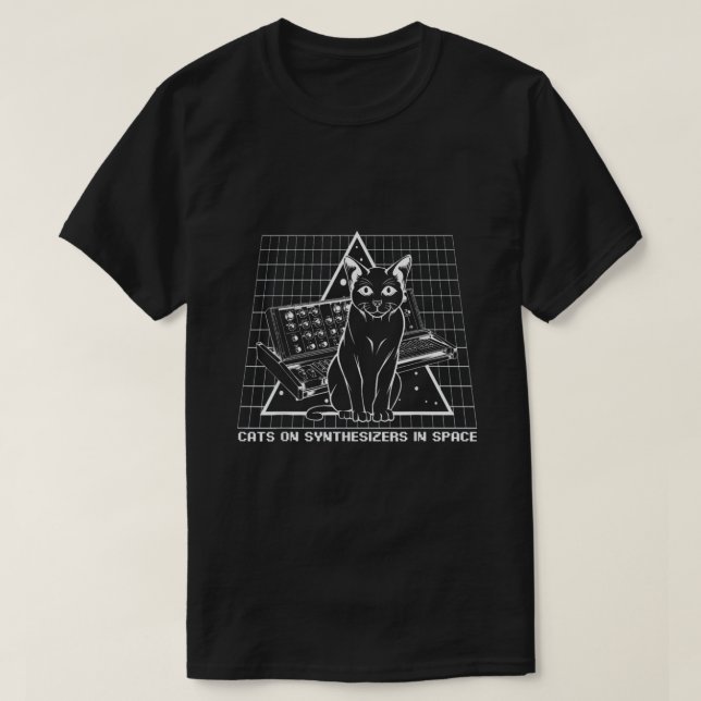Black Cats On Synthesizers In Space T-Shirt (Design Front)