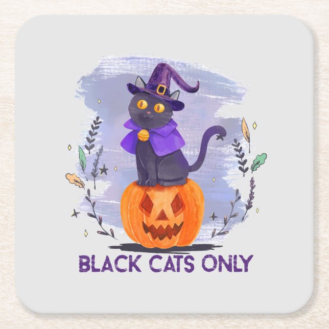 Black Cats Only – Witch Cat on Jack-O’-Lantern Square Paper Coaster (Front)
