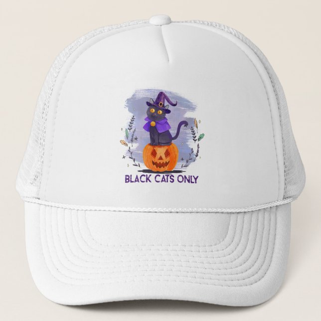 Black Cats Only – Witch Cat on Jack-O’-Lantern Trucker Hat (Front)