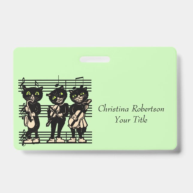 Black Cats Playing Music Sheet Musical Notes Green ID Badge (Front)