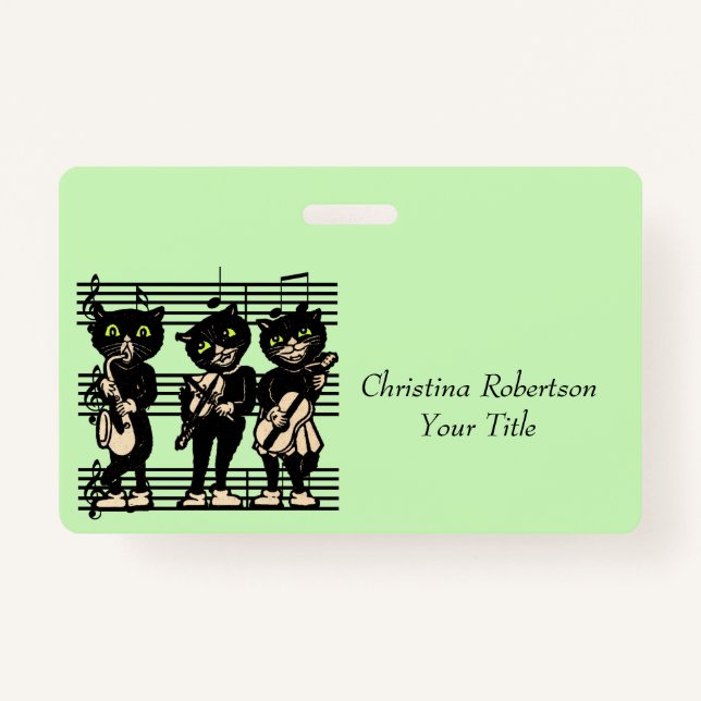 Black Cats Playing Music Sheet Musical Notes Green ID Badge (Front)