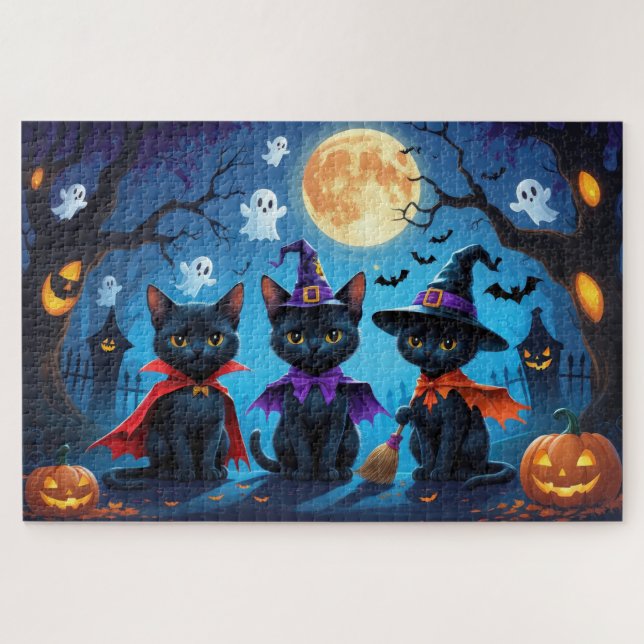 Black Cats Pumpkin Halloween Funny Jigsaw Puzzle (Horizontal)