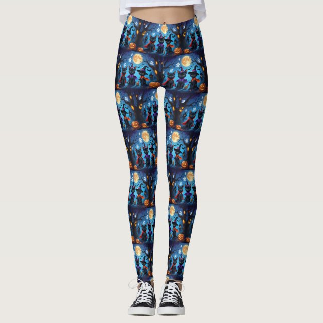 Black Cats Pumpkin Halloween Funny Leggings (Front)