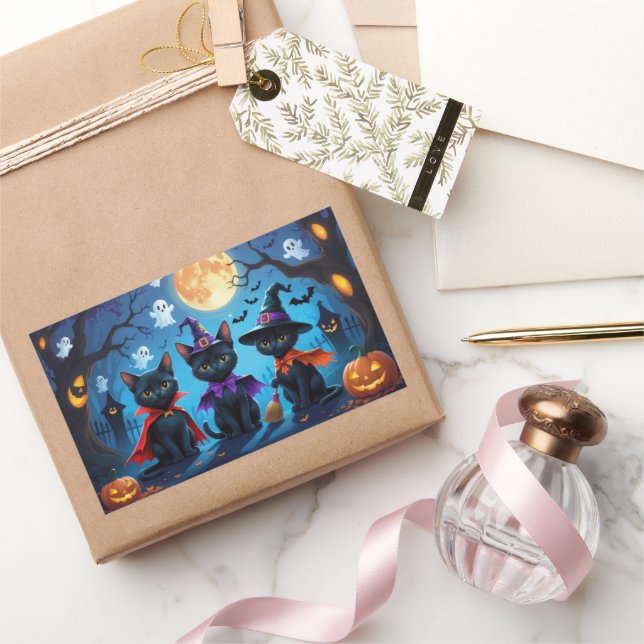 Black Cats Pumpkin Halloween Funny Rectangular Sticker (Gifting)