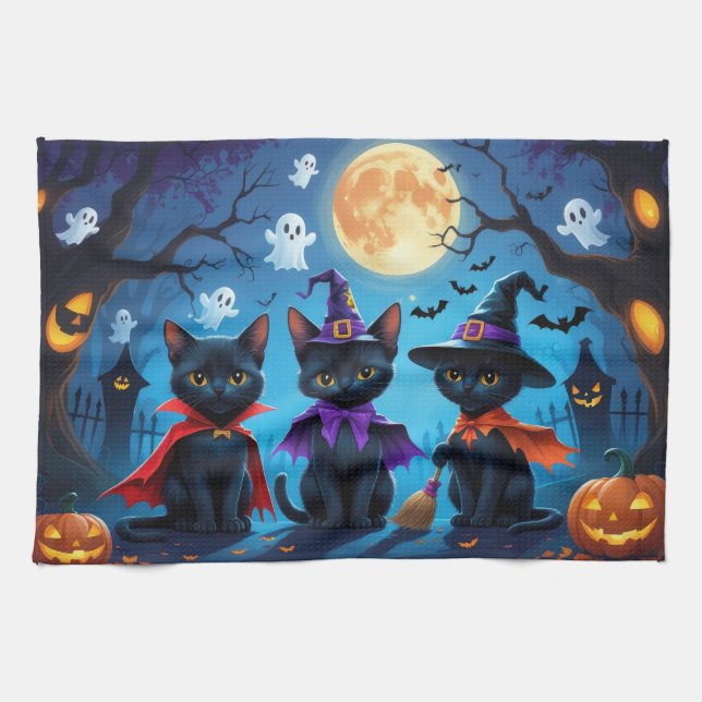 Black Cats Pumpkin Halloween Funny Tea Towel (Horizontal)