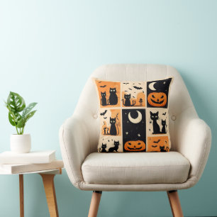 Black cats, pumpkins and bats for Halloween Cushion