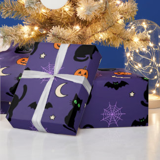 Black Cats Pumpkins Bats Purple Halloween Wrapping Paper