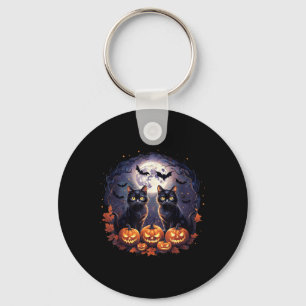 Black Cats Pumpkins Full Moon Halloween Cat Lover Key Ring