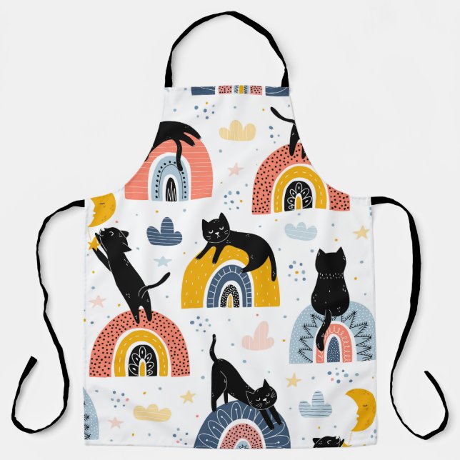 Black Cats Rainbows Fantasy Pattern Apron (Front)