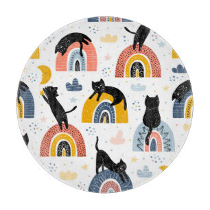 Black Cats Rainbows Fantasy Pattern Cutting Board