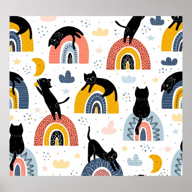 Black Cats Rainbows Fantasy Pattern Poster (Front)