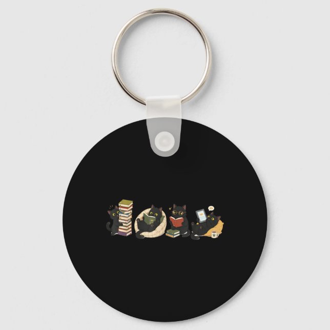 Black Cats Reading Book Lover Cat Reader Bookish Key Ring (Front)