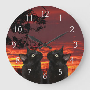 Black Cats Red Sunset Numbered Wall Clock