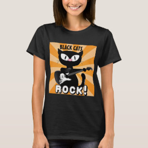 BLACK CATS ROCK! Black Cartoon Cat Playing Guitar  T-Shirt