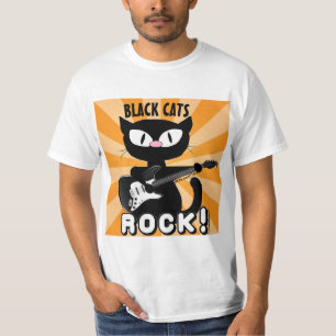 BLACK CATS ROCK! Black Cartoon Cat Playing Guitar T-Shirt