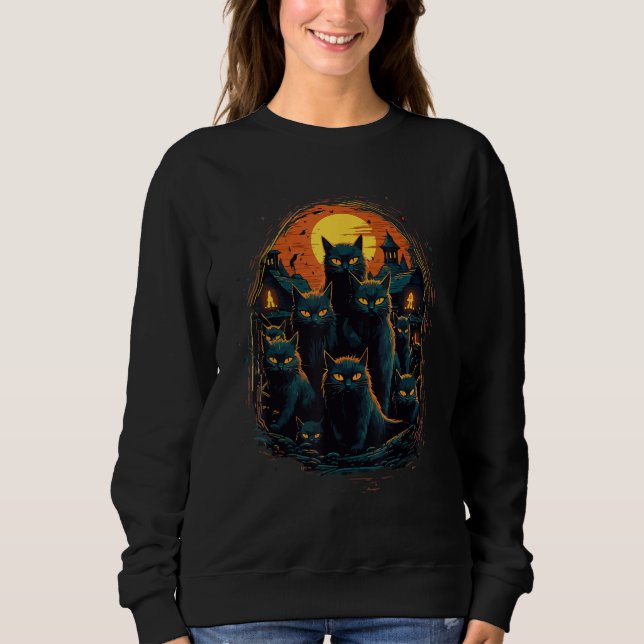 Black Cats Scary Moon  Halloween Horror Sweatshirt (Front)