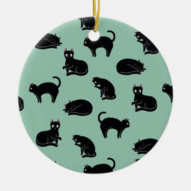 Black Cats Seamless Pattern Ceramic Ornament (Front)