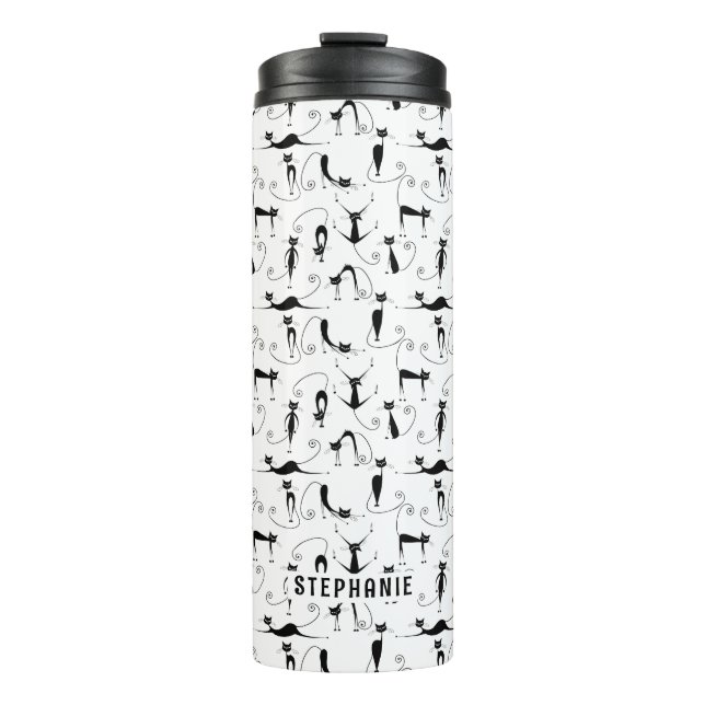 Black Cats Seamless Pattern Custom Name  Thermal Tumbler (Front)