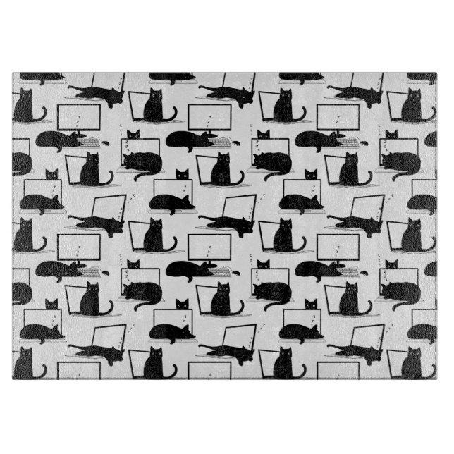 Black Cats Sitting on Laptops Pattern Cutting Board (Front)