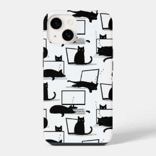 Black Cats Sitting on Laptops Pattern iPhone 14 Case